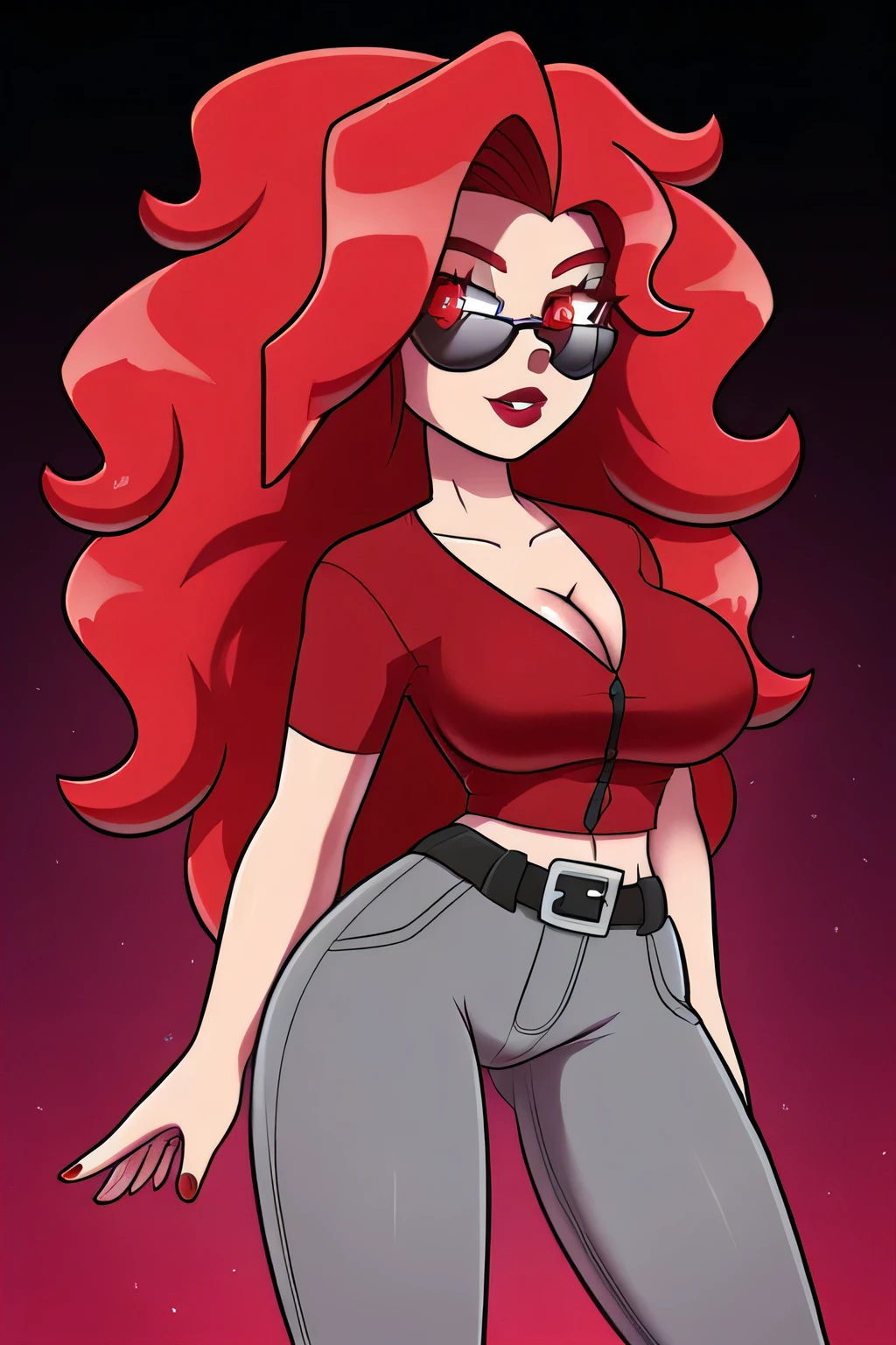 A tall sexy woman with light skin, big chest, wavy red hair, long fluffy red eyes, wearing sunglasses and wearing a ruby red top, wearing a transparent red shirt and her metallic gray pants, wearing a black belt with a big thigh and leg.