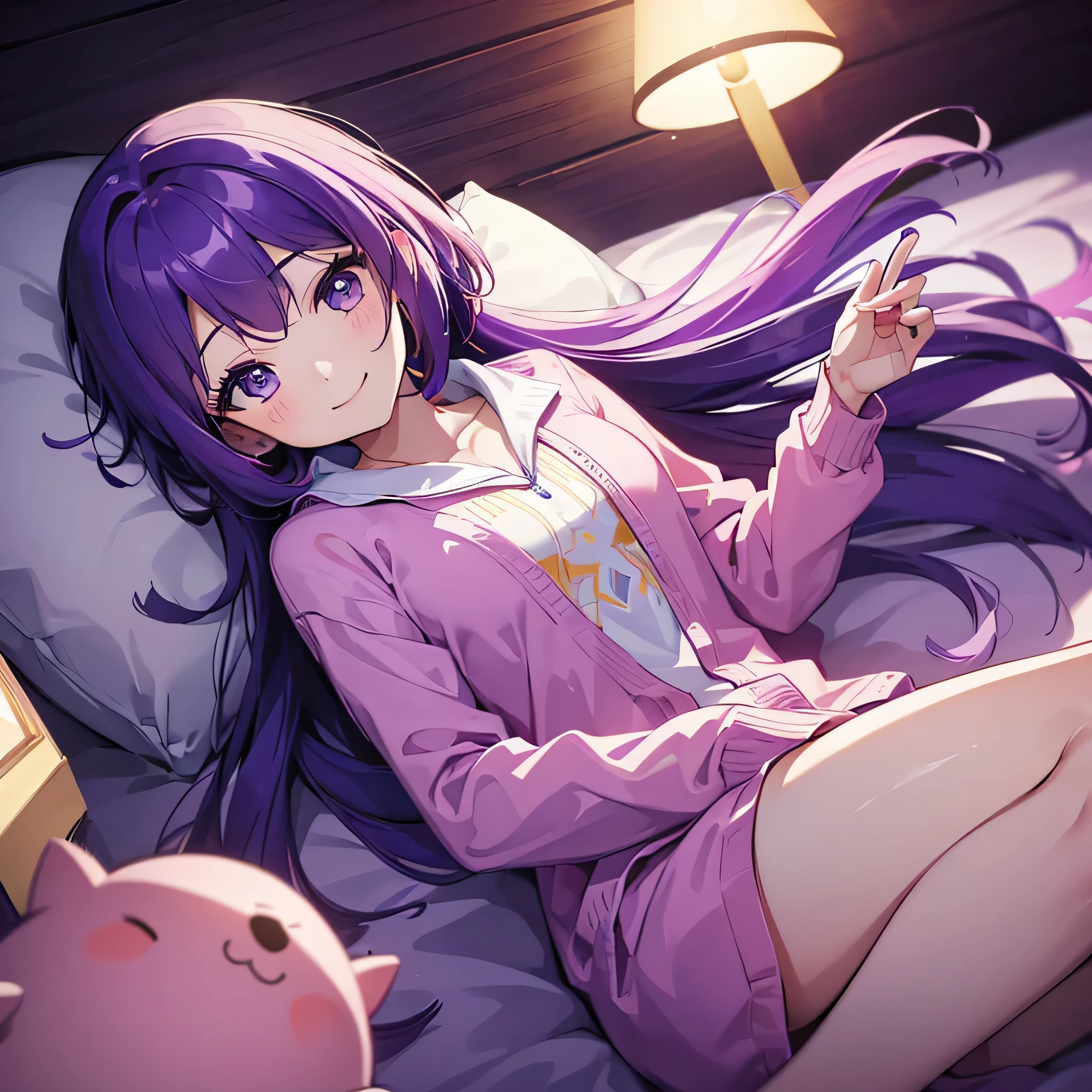 (T Masterpiece，4k wallpaper，best quality))、((girl１people))、(solo)、Shining and vivid，(purple hair)、(shortcut:1.3)、smile、Bedroom、pajamas、night