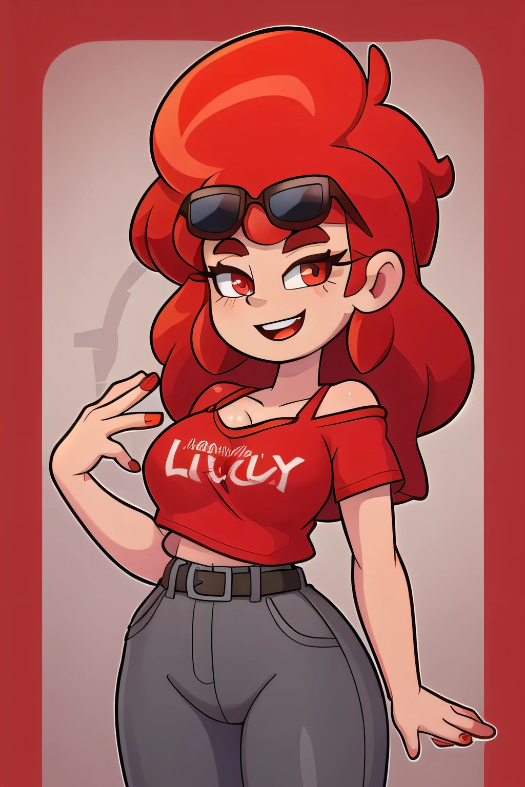 A tall sexy woman with light skin, big chest, wavy red hair, long fluffy red eyes, wearing sunglasses and wearing a ruby red top, wearing a transparent red shirt and her metallic gray pants, wearing a black belt, with big thighs and a happy wave.