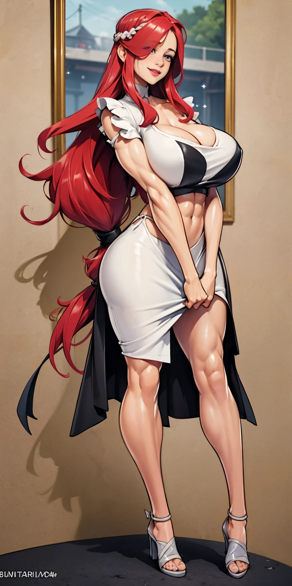 (masterpiece, hiquality: 1.1) 1girl full body standing good face, nice ass, hairstyle: braid, Color Hair: White long hair, Blindfolded: NO EYES, Skin: White (porcelain skin, sparkly skin), muscular, thights, mature woman, abs, looks at the viewer smiling, extremely huge breasts, maternal, chest cover with clothes