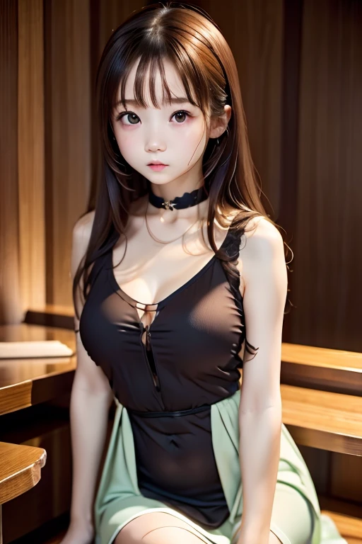 RAW shooting、Photorealsitic、masuter piece、one girls、a 、Very cute、Slender and beautiful、((small tits:1.2))、７Head and body、Meticulously drawn eyes、Attractive eyes、Twin-tailed、bangss、a choker、Beautiful colored dress、Chess gangte sleeveless dress with bold opening、Anguished poses、Luxurious room、blurry backround