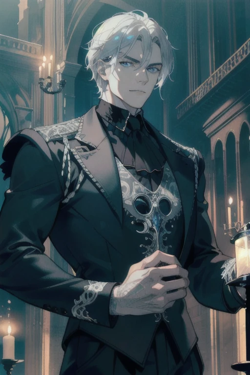 masterpiece, best quality, 1 male, adult, tall muscular, broad shoulders, imposing, beautiful, finely detailed eyes, intricate details, medium size silver hair, light blue eyes, intricate details, fantasy, night, (dark theme), cinematic lighting, colorful, portrait, gothic castle interior, gothic library scenery, construction, , candlelight, dutch angle,