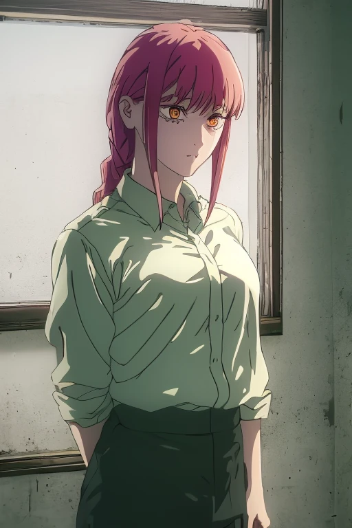 una mujer con una belleza,Around twenty-five with light reddish-brown hair tied in a braid and has eye-length bangs and two longer side bangs framing her face,ojos dorados,with circulating pupils accompanied by it, llevar un traje de hombre de negocios con una camisa blanca y una corbata negra, en una casa abandonada, mirando fijamente, apocalyptic ambience, oscuro, high resolusion,4k, Ultra Definition, ultra detallado,