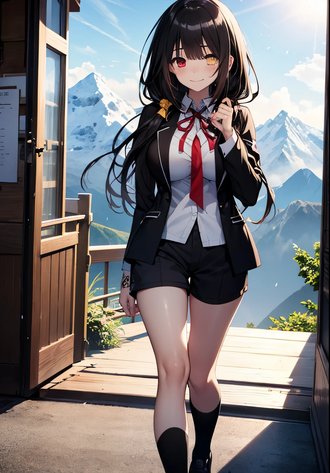 Masterpiece, high quality, ultra quality, best lighting, 1girl, ((tokisaki kurumi)), long hair, black hair, low twintails, monochrome, ((right red eye:1, left yellow eye:1)), black , ((black school uniform)), ((short pants)), ((big breast)), ((big thigh)), smile, blush, cute face, ((gesugao face)), standing, sexy body, sexy, tattooed full body, tattooed face, (((tattooed))),looking at viewer, large the breast, nsfw, (((mountain)))