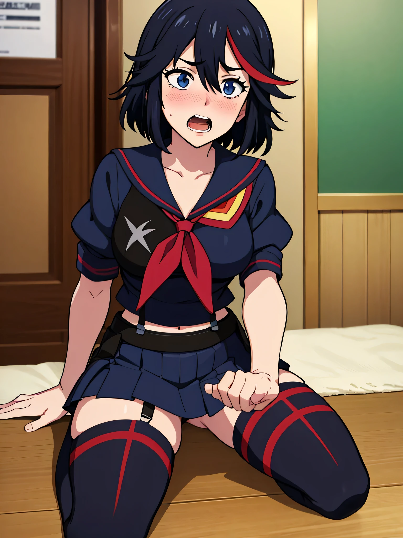 (masterpiece), (best quality), (ultra-detailed), (best illustration), (best shadow), (absurdres), scan, (extremely detailed CG unity 8k wallpaper:1.1), highres, ambient light, (1girl), Beautiful character design, official art,extremely detailed CG unity 8k wallpaper, perfect lighting,Colorful,shiny skin, (masterpiece:1.0),(best_quality:1.0), ultra high res,4K, (masterpiece, best quality, detailed), 1girl, solo, matoi_ryuuko, short hair, navel, suspenders, thighs, hair between eyes, serafuku, medium breasts, thighhighs, multicolored hair, black hair, red hair, streaked hair, sitting, (school uniform), , spread legs, upskirt, blush, embarrassed, open mouth
