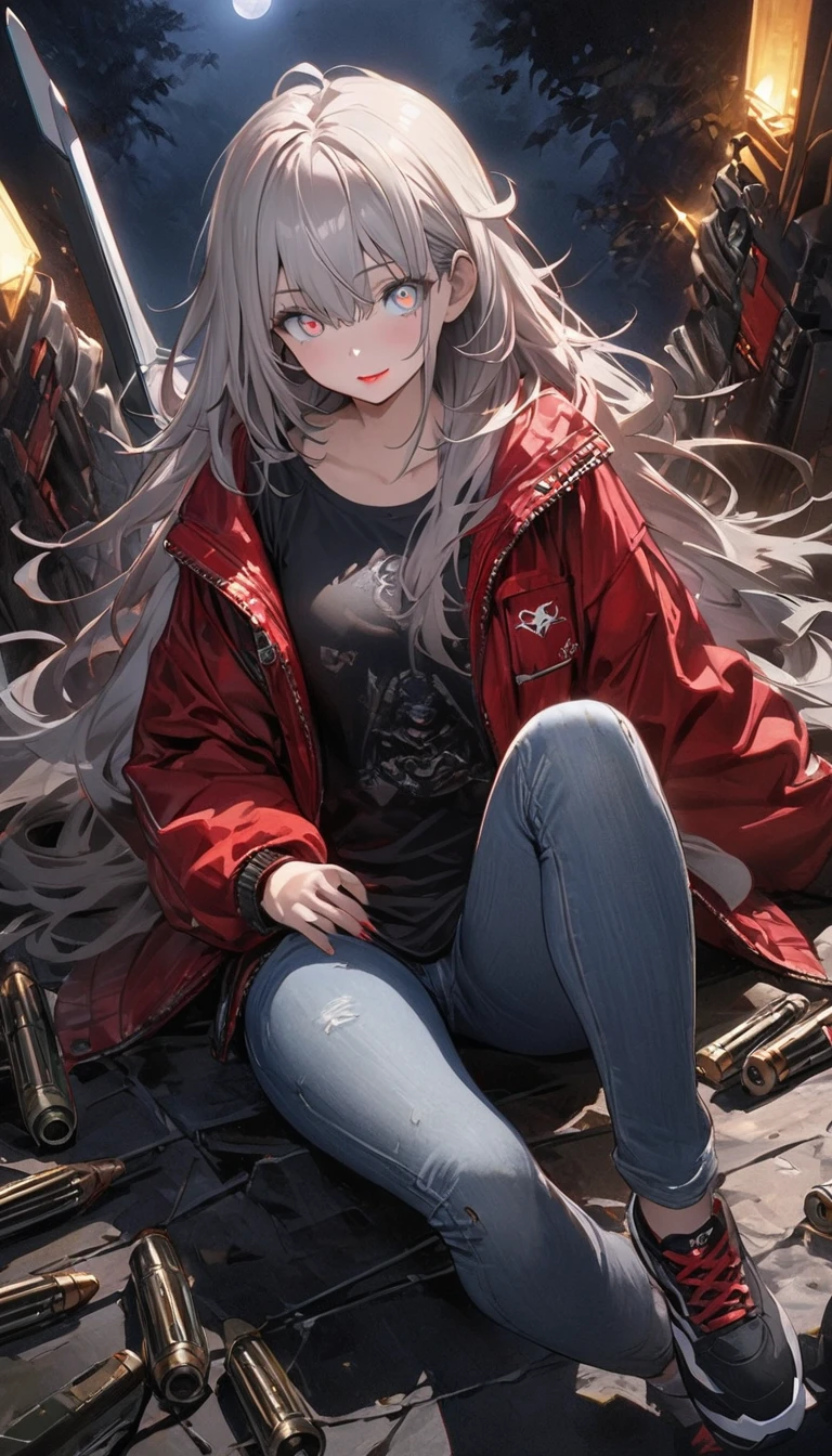 (highest quality、masterpiece、High resolution、detailed), BREAK,(Shining eyes、detailed美しい顔)､(no text:1.5)、beautiful anime、(science fiction fantasy), (masterpiece), (professional oil painting) (highest quality), (8K resolution), (1 beautiful girl、cool:1.4), ((shiny skin)), (iron gray skin), ((jeans clothes)),(red jacket)), ((Black T-shirt underneath), ((red lipstick)), ((black sneakers)), (concept art), small box, (long hair), (messy hair), (gray hair), (鉄のgray hair), ((with futuristic weapons)), (ammunition), ((moonlight at night)), (sit and think))、dynamic angle