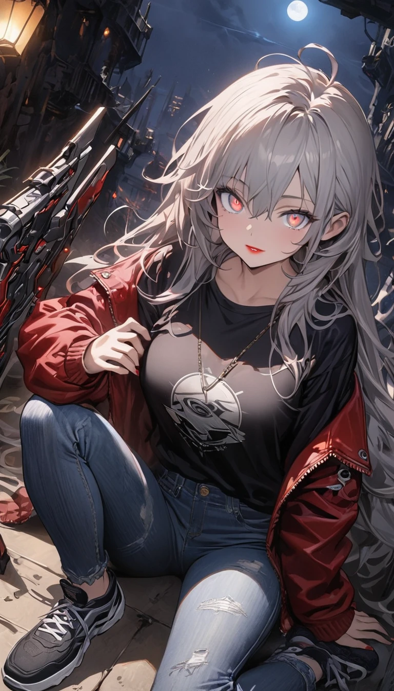 (highest quality、masterpiece、High resolution、detailed), BREAK,(Shining eyes、detailed美しい顔)、(no text:1.5)、beautiful anime、(science fiction fantasy), (masterpiece), (professional oil painting) (highest quality), (8K resolution), (1 beautiful girl、cool:1.4), ((shiny skin)), (iron gray skin), ((jeans clothes)),(red jacket)), ((Black T-shirt underneath), ((red lipstick)), ((black sneakers)), (concept art), small box, (long hair), (messy hair), (gray hair), (鉄のgray hair), ((with futuristic weapons)), (ammunition), ((moonlight at night)), (sit and think))、dynamic angle