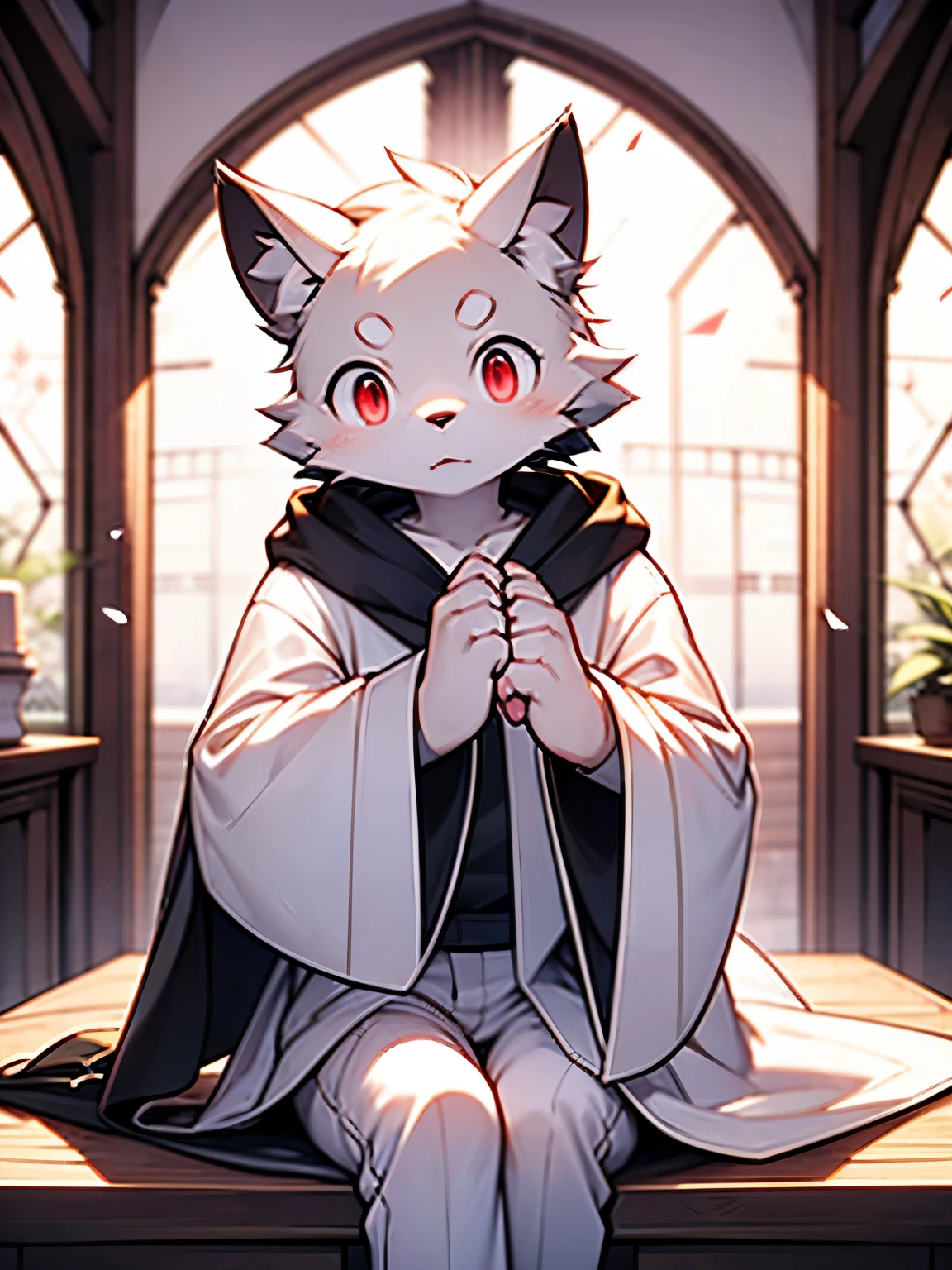 alone，mage，male，adult，white wolf，Black and white hair，red eyes，white robe，Gold diamond pattern，White trousers，white plush paws，serious expression，White stuffed tail，mystery，powerful，bright and lively eyes（A masterpiece）（high quality）（clear structure）（Extremely detailed background）（extremelydetailedcharacter）