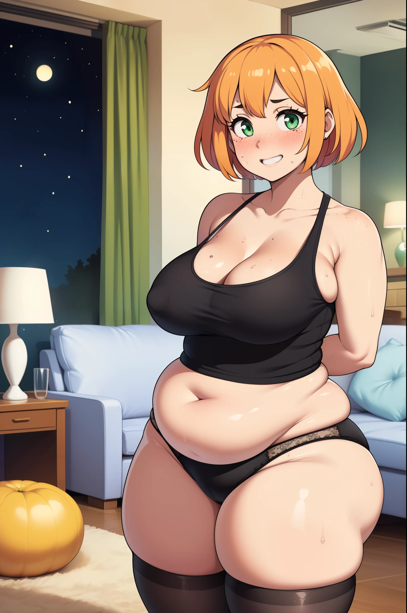 ((highres)), Masterpiece, high quality, best quality, beautiful, perfect lighting, detailed face, ultra cute face, ((1girl)), ((solo), short fluffy orange hair, green eyes, freckles, sweat, ((blush)), dunk smile, looking at viewer, arms behind back, standing in a living room, (living room), nighttime, tank top, black panties, (((thick thighs))), cleavage, (medium breasts), (chubby), 20 year old female,
