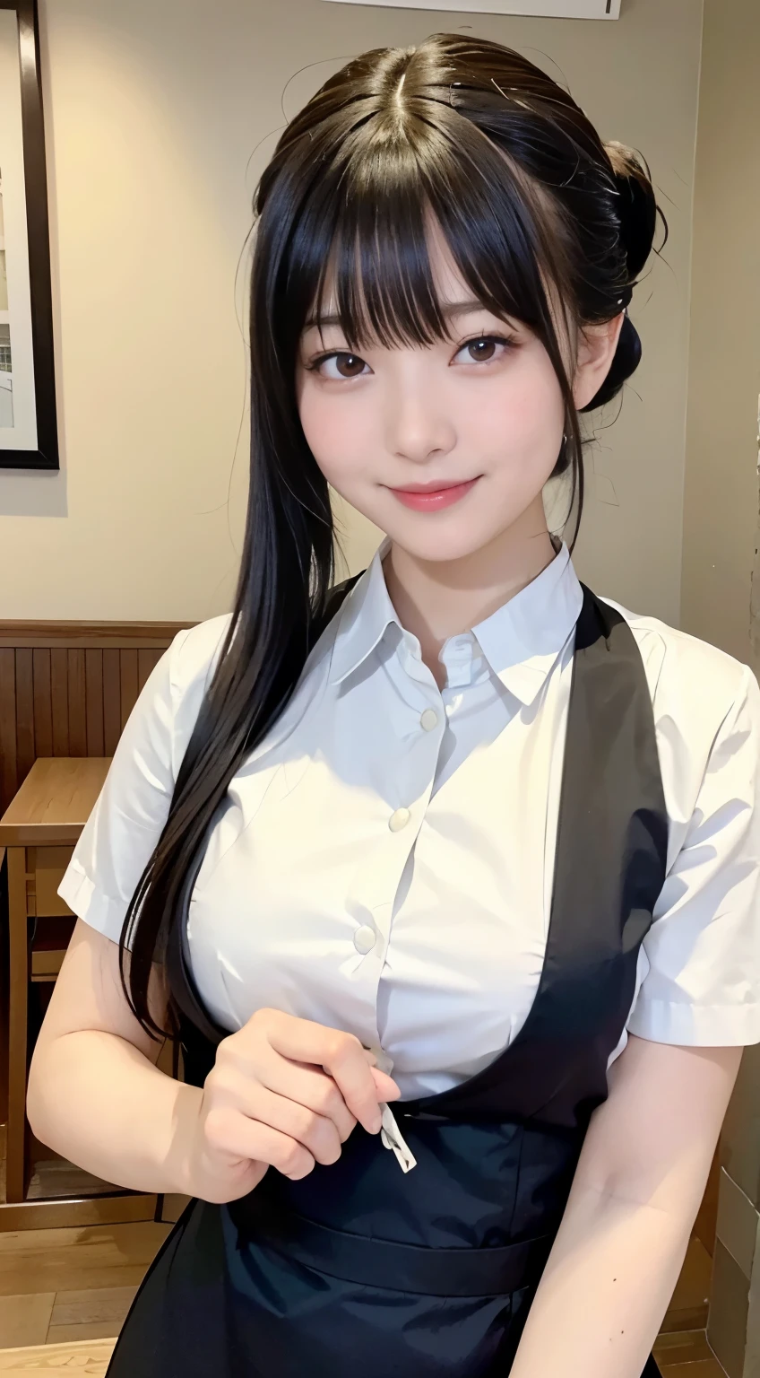 (highest quality,masterpiece:1.3,ultra high resolution,),(Super detailed,caustics),(Photoreal:1.4,RAW shooting,)ultra-realistic capture,very detailed,High resolution 16K human skin close-up。 natural skin texture、,The pores are、、、、Must be detailed enough to be easily identified。 Skin should look even-toned and healthy。 Use natural light and color,restaurant,waitress uniform,1 girl,Japanese,18-year-old,cute,black haired,ponytail,big breasts,smile,turn your body forward,(Front view:1.1),look at the camera,cowboy shot,