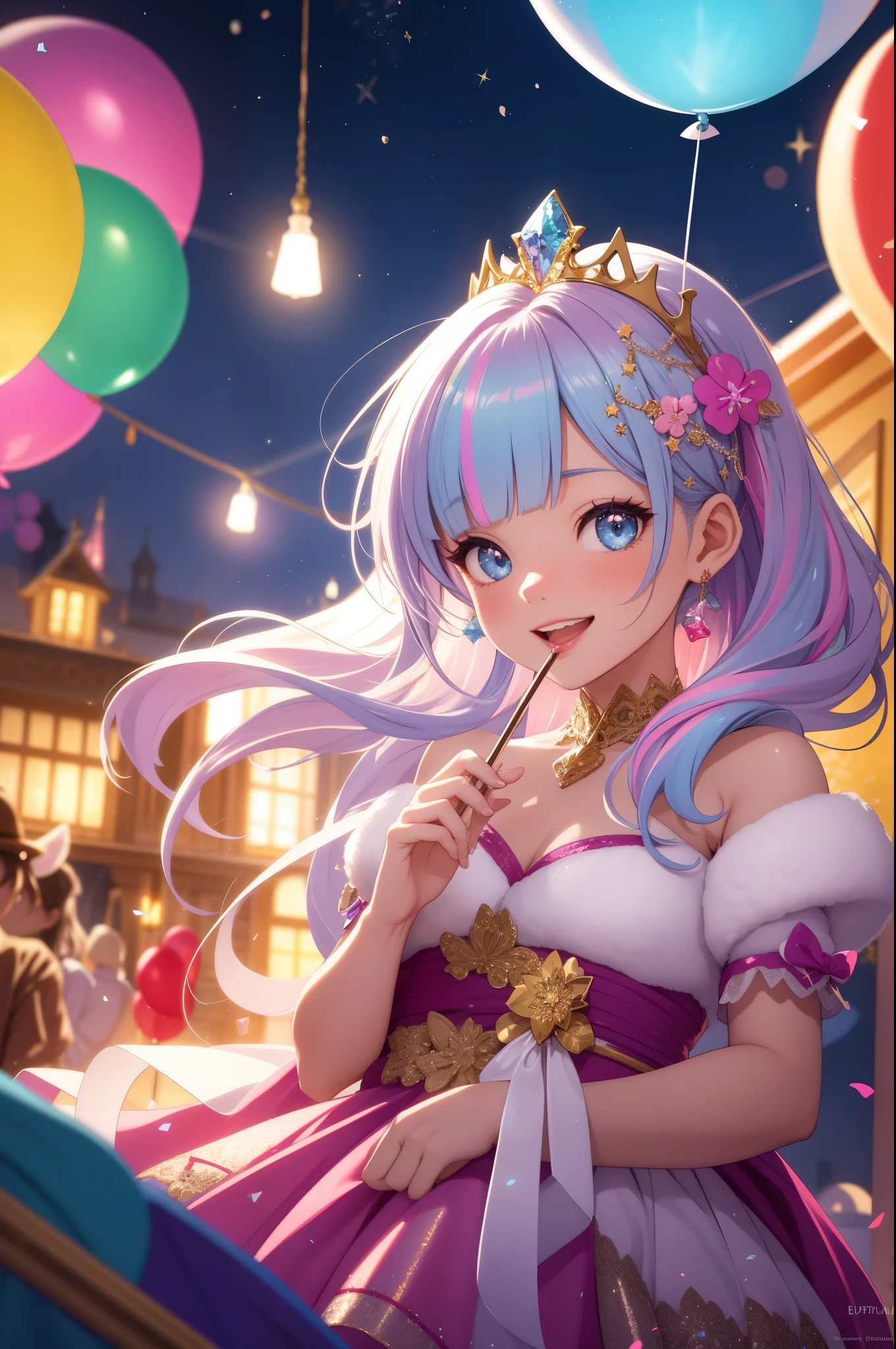 best quality, ultra-detailed, princess in a candy land, crown made of candies, (A city made of sweets and candies:1.1), beautiful detailed eyes, beautiful detailed lips, long eyelashes, colorful, sparkling, whimsical, (full of candies and lollipops), enchanted, cotton candy clouds, pink cotton candy castle, delicious candy canes and lollipops, dancing sugar fairies, made of candy, delightful gingerbread houses, sweet candy rivers, princess wearing a sparkling gown, happy, smiling, playful, tiara, royal palace, soaring rainbow, glowing lanterns, colorful confetti, joyful celebration, dimmed golden light, soft pastel colors, fairytale dream, storybook charm, imaginary wonderland, childhood innocence, magical journey, delicate and ornate details, sweet aroma of candies, exquisite sugar sculptures, sparkling stars illuminating the night sky, vibrant and lively, glittering treasures, glowing jewel-toned candies, rainbow-colored fireworks, whispers of magic in the air, delightful surprises at every turn, enchanting melodies, euphoric happiness, unforgettable memories, Filled with candies and cookies, Depth of field, wallpaper, high contrast, intricate details, volumetric lighting, (dynamic composition), highly detailed, colorful details, (iridescent colors), (glowing lighting, atmospheric lighting), dreamy, magical, lens flare, Cinematic light, high-res, sharp focus, smooth, colorful light, particles, rainbow colors schemes,