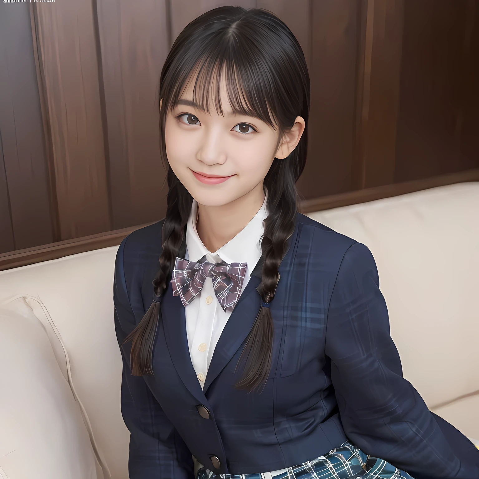 (highest quality、masterpiece:1.2)、highest quality、realistic、photograph、High resolution、1080p、8K、The face is especially pale., physical rendering、((Height: 155cm)), one Japanese girl、((A 15-year-old Japanese junior high school student is sitting)), (((Fashion model in a Japanese magazine))), , (((big very detailed beautiful dark brown eyes))), ((blue girly large wine-red glossy polyester Japanese school ribbon bow tie)), (((black beautiful long twin braids hair))), ((((deep blue colored tartan checkered formal long pleated pleated skirt)))), ((A formal dark blue blazer that is slightly oversized and has an emblem on the left chest.)), ((((((smile)))))), mouth is open, The large blazer and skirt are very cute., detailed fingers, Slender body, ((curled bangs)), so beautiful, long eyelashes, ((Very big and very very very cute eyes of a Japanese girl)), ((large pupils)), double eyelids, The entire skirt is photographed, thin eyebrows, ((drooping eyes)), ((long eyelashes)), ((cute lovely lovely laughing laughing cheeks)), ((Pure white light hits her face from above and in the front, making her skin and eyes shine beautifully.)), ((Strong light hits the nose and cheeks、It brings out the richness of the expression.)), (((((Her face is expressive, pure and very intelligent.))))), (((Shot from the right side)))