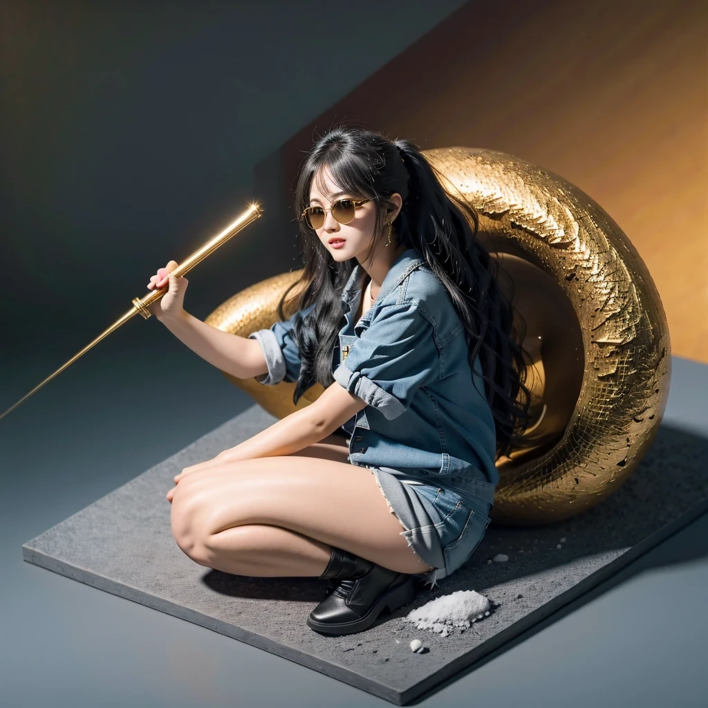 (masterpiece, best quality:1.2), 1girl, ((masterpiece, highest quality, Highest image quality, High resolution, photorealistic, Raw photo, 8K)), Retro Game, Nintendo, SEGA, Namco, Cyberpunk 1:25 miniatures,illustration,Side viewing angle,((Side viewing angle)),Wear gold wire-rimmed reflective sunglasses,Carry future weapons,very happy,Side viewing angle,whole body,three-dimensional,octane rendering,Perfect face,Collagen texture((flowing hair))
