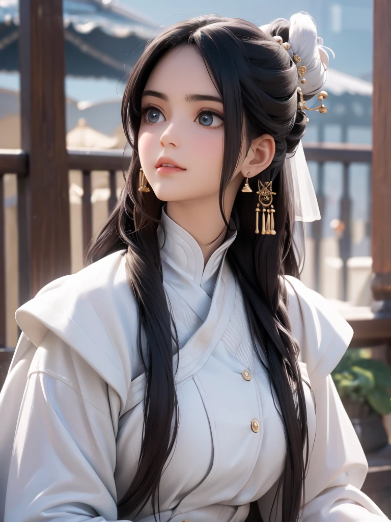 top quality, High image quality, masterpiece, The role must be carefully considered, Black hair, delicate eyes, White clothes, look up, Upper body, Hair, White skin, faint smile,