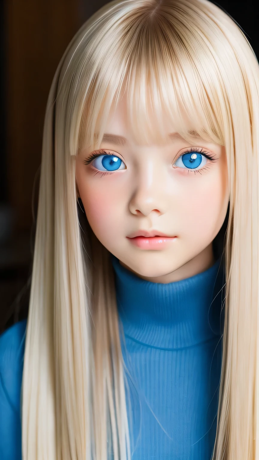 Portrait、、bright look、ponytail、bangs between eyes、bangs on the face、Young, shiny, white, glossy skin、gross face、cheek gloss highlight、best beauty、blonde reflection、Platinum blonde hair with dazzling highlights、shiny bright hair,、super long silky straight hair、Shining beautiful bangs、Attractive, beautifully shining, very bright, light blue eyes、very big eyes、Very beautiful nice cute beautiful girl、rich bust、small face beauty、