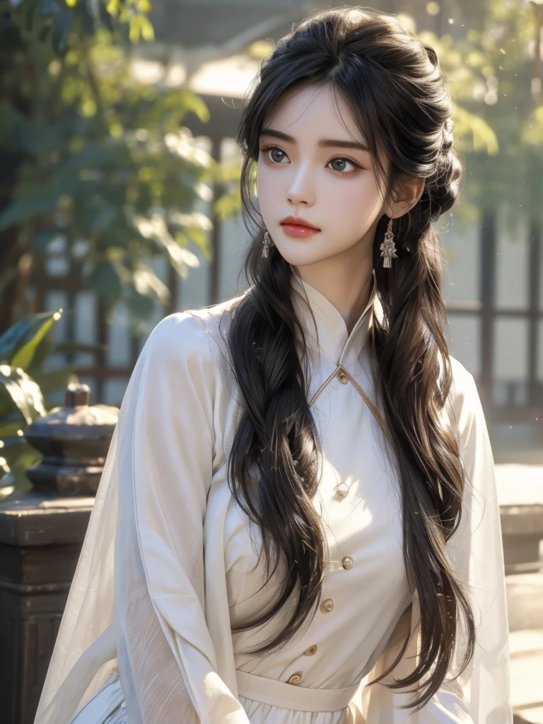 top quality, High image quality, masterpiece, The role must be carefully considered, Black hair, delicate eyes, White clothes, look up, Upper body, Hair, White skin, faint smile,