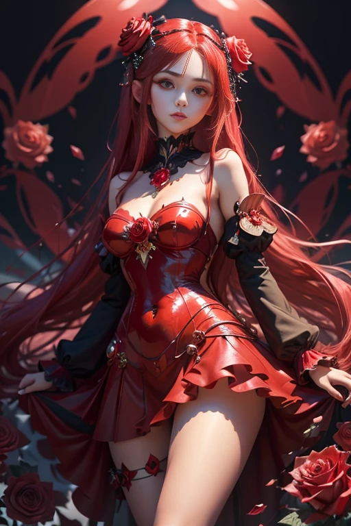 A young woman with very long red twintails, Perfect proportions, (defined eyes, eye correction), red crystal roses, ((More red crystal roses)), posing for a photo, (Abstract art:1.6), (Delicate images), (Highly detailed), (high resolution), (Best quality), (masterpiece)