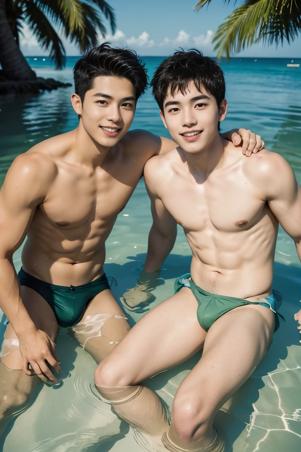 Highest quality portrait of two young guys on the beach knee-deep in water. Two young attractive boys swimming in the sea, completely naked with beautiful strings, beautiful green beach with palm trees and flowers, beautiful , smiling , Friends . Photo portrait of the highest quality !