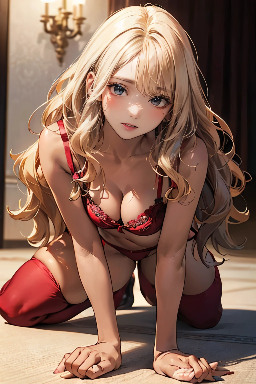 (table top:1.5)、(highest quality:1.5)、(16k wallpaper:1.2)、(Photoreal:1.2)、(super detailed:1.2)、(超A high resolution:1.2)、(Highly detailed and realistic tanned brown skin:1.5)、(In a bright room in a luxury hotel)、light shines、sitting on the sofa、((Invite me on all fours:1.5))、(bright red bra and string panties:1.5)、(red stockings:1.5)、(A woman with a dark complexion and slender figure:1.4)、(Beautiful 18 year old dark-skinned woman:1.3)、beautiful eyeshadow、mascara、beautiful eyeliner、natural color lip、(long blonde wavy hair covering one eye:1.3)、Smile、Medium chest, charming, lure, blush , lick your lips