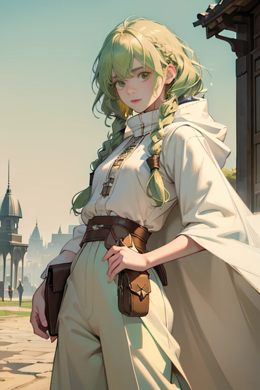 masterpiece, super detailed, 8K portrait, RAW photo, portrait photography, highly detailed face, beautiful and detailed eyes, ((fantasy)), young and beautiful, 15 years old, (((droopy eyes))), dynamic pose, (((short wavy light green hair))), ((Braided twintails)), parted bangs, white skin color, luxury, (((White tunic))), ((((Brown wide pants)))), (((brown cloak))), (((little waist hip pouch))), High Cut Leather Bootagic book in hand)), midday sun, surreal, slender body, flat chest, long legs, on the medieval road, environmental lighting, shadow details , focus the camera on the face, strong wind, light fog