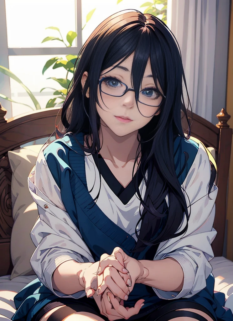 anime girl with glasses sitting on a bed holding her hands, with glasses, realistic anime art style, seductive anime girl, a surreal , realistic young anime girl, surreal , attractive anime girl, realistic anime art style, realistic anime, anime moe art style, digital anime illustration, beautiful anime portrait, Realistic anime 3d style, beautiful anime girl