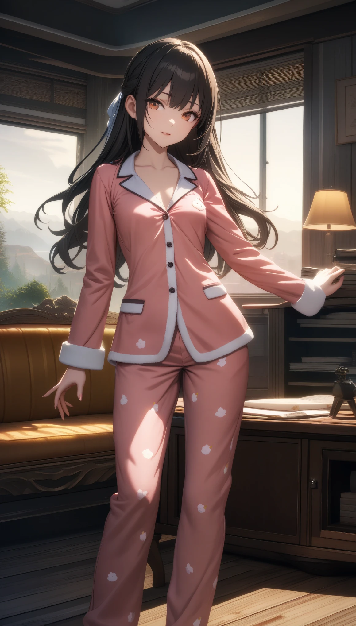 32k, best quality, ultra high res, HDR, UHD, extremely detailed CG, unity 32k wallpaper, Wearing sexy pajamas, graceful, coquettish, study room, sofa, random seductive movements, towards the camera, imaginative, first love
