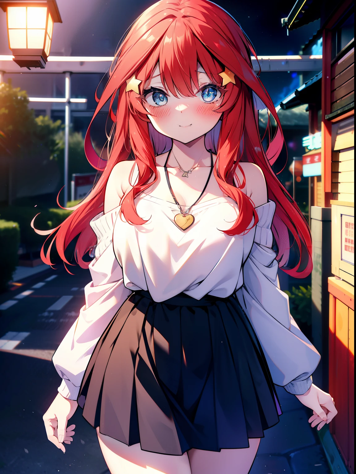 itsukinakano, itsuki nakano, bangs, blue eyes, hair between eyes, Ahoge, redhead, star \(symbol\happy smile, smile, open your mouth,embarrassing,blush, hair ornaments, star hair ornaments,red off shoulder sweater,bare shoulders,bare clavicle,naked neck,Heart Pendant Necklace,Black long skirt,Mini Boots,whole bodyがイラストに入るように,There are many shops,noon,太陽の光
break outdoors, station Entrance,
break looking at viewer,whole body (cowboy shot:1.5),
break (masterpiece:1.2), highest quality, High resolution, unity 8k wallpaper, (shape:0.8), (fine and beautiful eyes:1.6), highly detailed face, perfect lighting, Very detailed CG, (perfect hands, perfect anatomy),