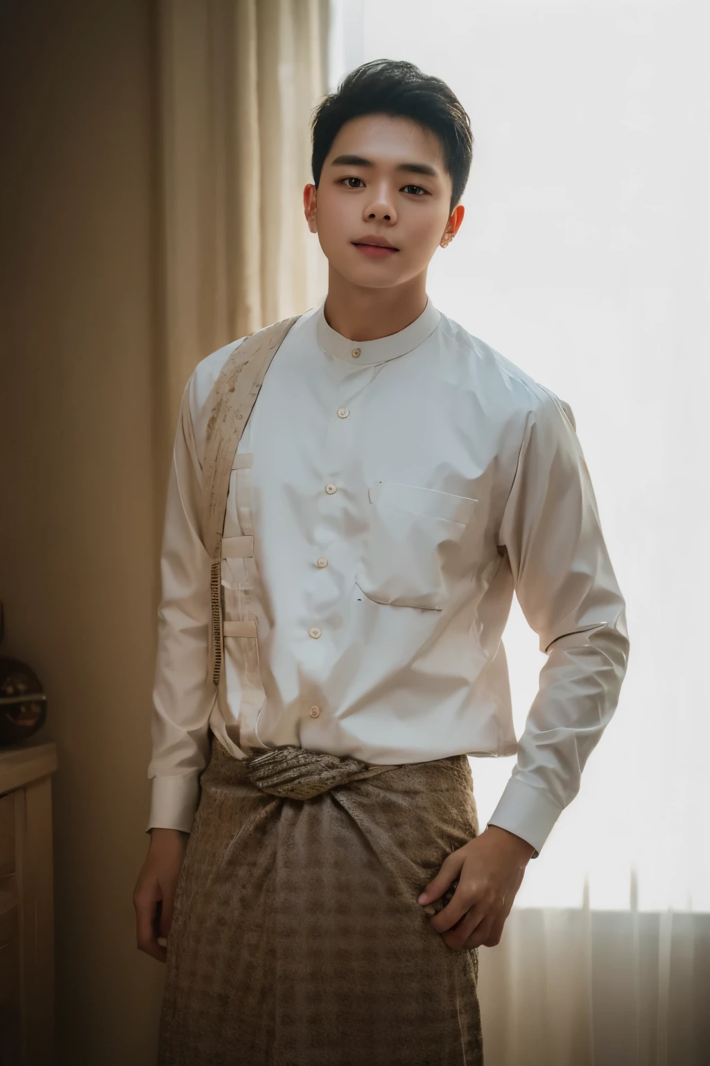 1boy, handsome male, face, white background, amm mc outfit, acmm tp outfit, acmm cp outfit, wearing acmm top, very attractive, blurry_background, (high detailed skin:0.8), 8k uhd, dslr, soft lighting, HDR, warm light, high quality, film grain, Fujifilm XT3,