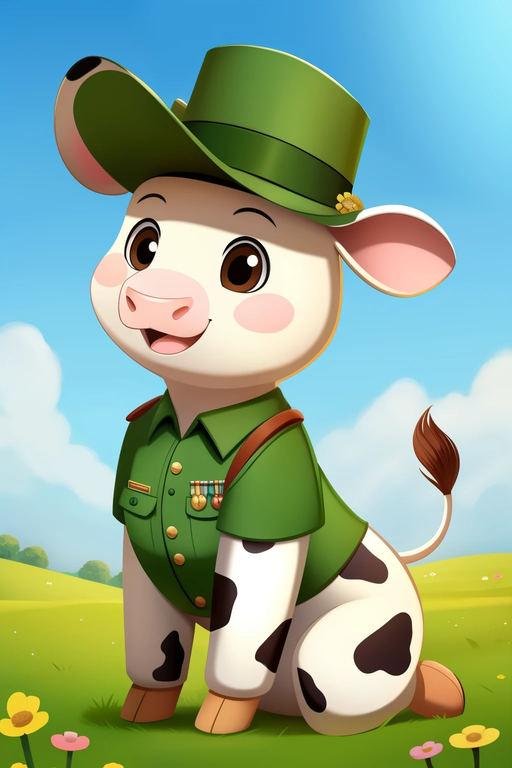In this delightful animated sequence designed specifically for young audiences, a charming cow dons a military uniform, complete with marching hat and accouterments. The cow's eyes, brimming with innocence and curiosity, are detailed and expressive, capturing the viewer's attention. The animated scene is set within a lush, green pasture dotted with vibrant flowers, creating a cheerful and playful atmosphere. The cow, with its large, floppy ears and big, innocent eyes, stands out against the verdant backdrop as it salutes, its tail swinging gently behind it. The animation exudes a sense of warmth and lightheartedness, making for an enjoyable viewing experience for children
