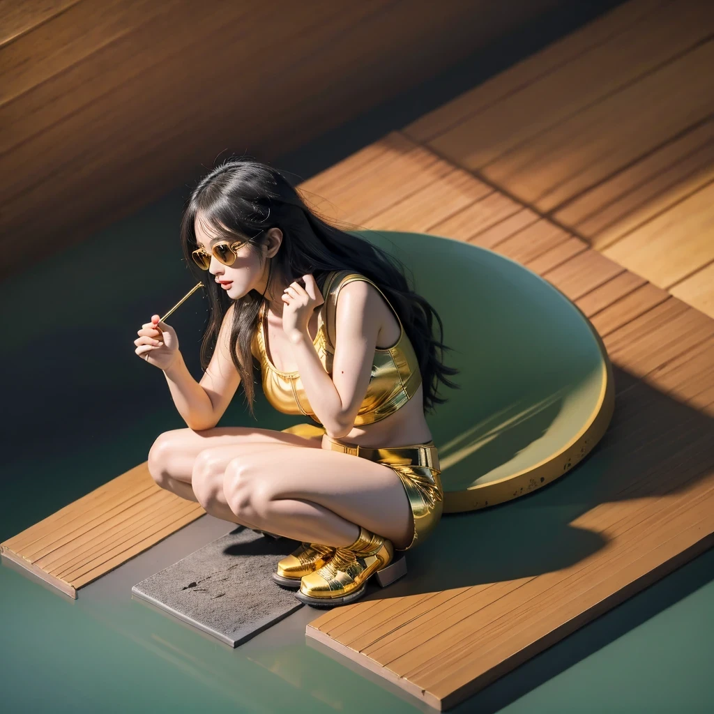 (masterpiece, best quality:1.2), 1girl, ((masterpiece, highest quality, Highest image quality, High resolution, photorealistic, Raw photo, 8K)), Retro Game, Nintendo, SEGA, Namco, Cyberpunk 1:25 miniatures,illustration,Side viewing angle,((Side viewing angle)),Wear gold wire-rimmed reflective sunglasses,Carry future weapons,very happy,Side viewing angle,whole body,three-dimensional,octane rendering,Perfect face,Collagen texture((flowing hair))