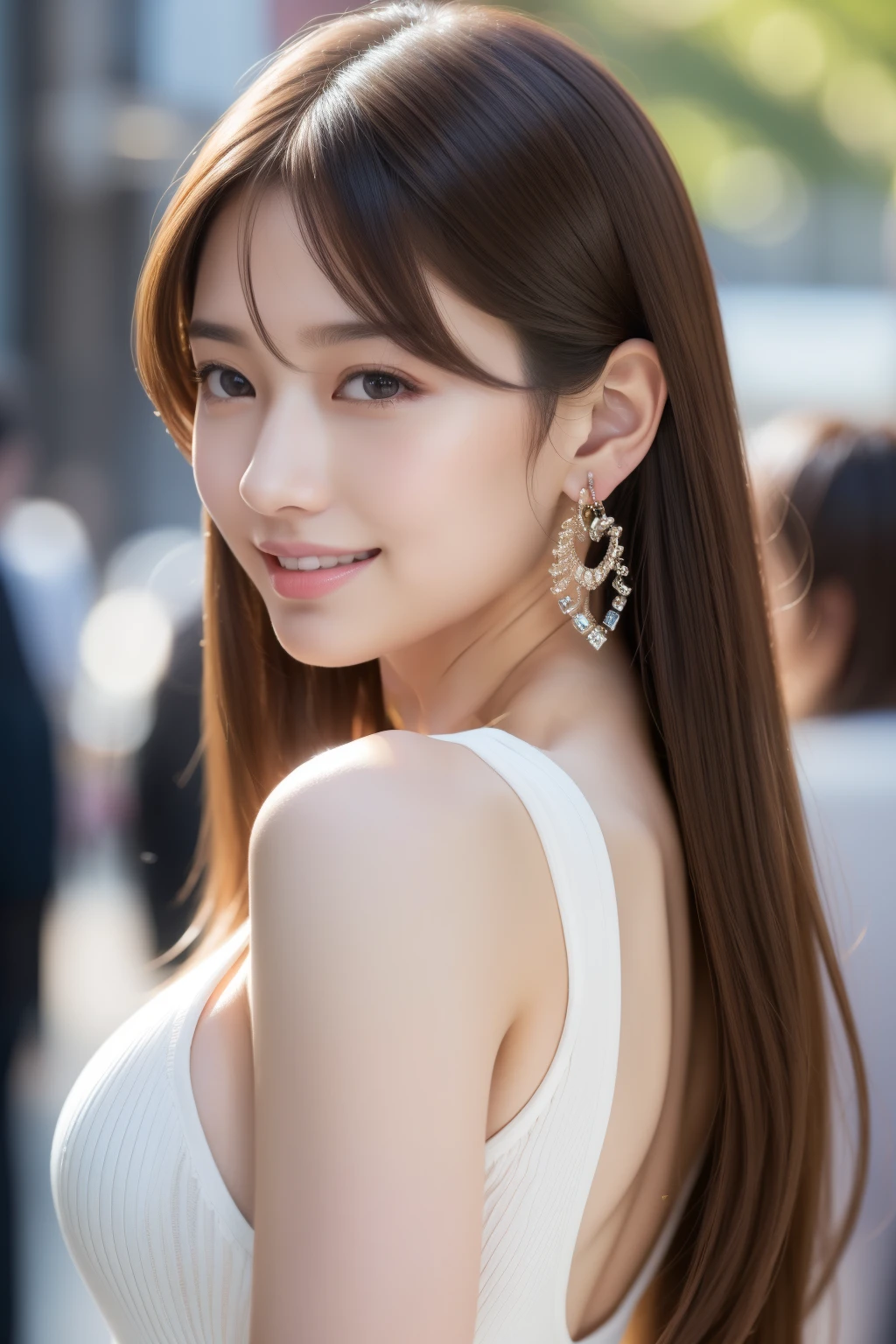 (8k、Raw photo、highest quality、Masseter muscle part:1.2)、super detailed、super resolution、(realistic、realistic pictures:1.37)、Portrait、High-definition RAW color photo、professional photography、hvery detailed and beautiful、very detailed、8k Wallpapers、amazingly detailed、huge file size、official art、Hvery detailed CG Unity 8k wallpapers、hvery detailed beautiful girl、very detailed顔、very detailed目、very detailed肌、very fine fingers、hvery detailed nose、very detailed detailed mouth、perfect anatomy、hvery detailed back ground、Hvery detailed clothing、1 girl、(18:1.2)、teen、cute、famous japanese idol、cute、realistic body、、white skin、glowing skin、Because I&#39;m slender、handsome body、brown haired、straight long, smile, cute faces、lifelike face、delicate eyes、earrings、looking at camera、positive、Are standing, dynamic lighting, 2024, Clothes that are popular in spring, Tokyo, The background is Shibuya