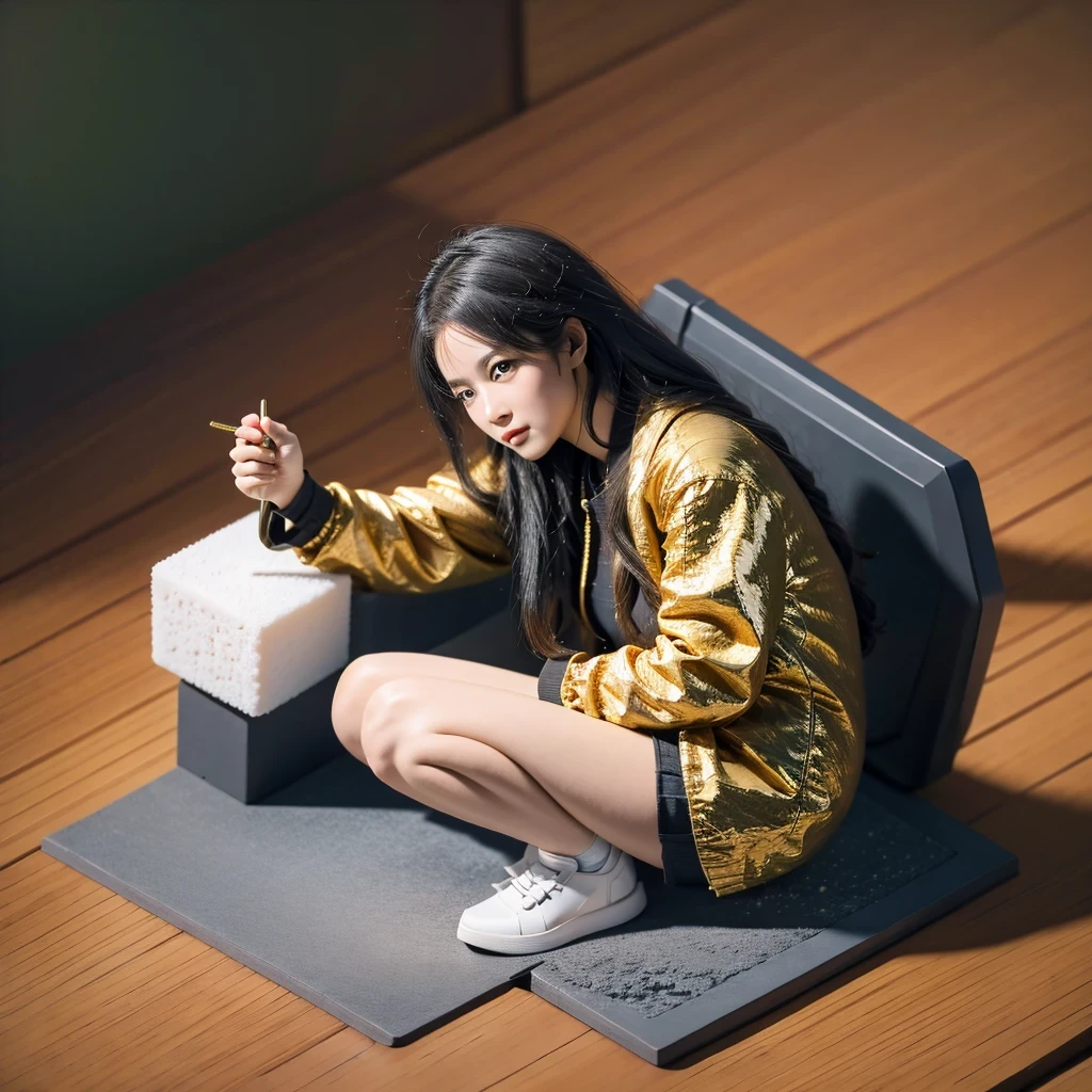 (masterpiece, best quality:1.2), 1girl, ((masterpiece, highest quality, Highest image quality, High resolution, photorealistic, Raw photo, 8K)), Retro Game, Nintendo, SEGA, Namco, Cyberpunk 1:25 miniatures，illustration，Side viewing angle，（（Side viewing angle）），Wear gold wire-rimmed reflective sunglasses，Carry future weapons，very happy，Side viewing angle，whole body，three-dimensional，octane rendering，Perfect face，Collagen texture((flowing hair))