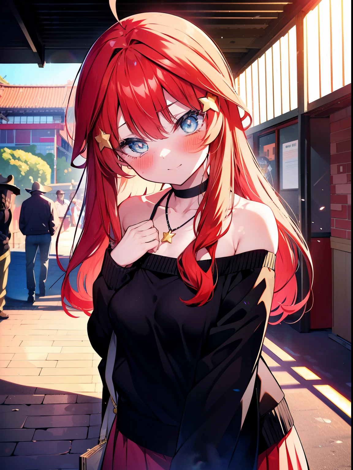 itsukinakano, itsuki nakano, bangs, blue eyes, hair between eyes, Ahoge, redhead, star \(symbol\happy smile, smile, open your mouth,embarrassing,blush, hair ornaments, star hair ornaments,red off shoulder sweater,bare shoulders,bare clavicle,naked neck,Heart Pendant Necklace,Black long skirt,Mini Boots,whole bodyがイラストに入るように,There are many shops,noon,太陽の光
break outdoors, station Entrance,
break looking at viewer,whole body (cowboy shot:1.5),
break (masterpiece:1.2), highest quality, High resolution, unity 8k wallpaper, (shape:0.8), (fine and beautiful eyes:1.6), highly detailed face, perfect lighting, Very detailed CG, (perfect hands, perfect anatomy),