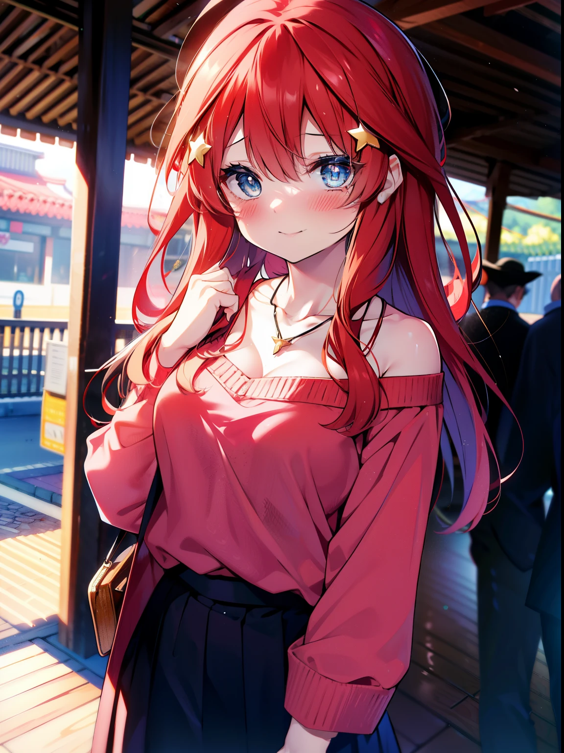itsukinakano, itsuki nakano, bangs, blue eyes, hair between eyes, Ahoge, redhead, star \(symbol\happy smile, smile, open your mouth,embarrassing,blush, hair ornaments, star hair ornaments,red off shoulder sweater,bare shoulders,bare clavicle,naked neck,Heart Pendant Necklace,Black long skirt,Mini Boots,whole bodyがイラストに入るように,There are many shops,noon,太陽の光
break outdoors, station　Entrance,
break looking at viewer,whole body (cowboy shot:1.5),
break (masterpiece:1.2), highest quality, High resolution, unity 8k wallpaper, (shape:0.8), (fine and beautiful eyes:1.6), highly detailed face, perfect lighting, Very detailed CG, (perfect hands, perfect anatomy),