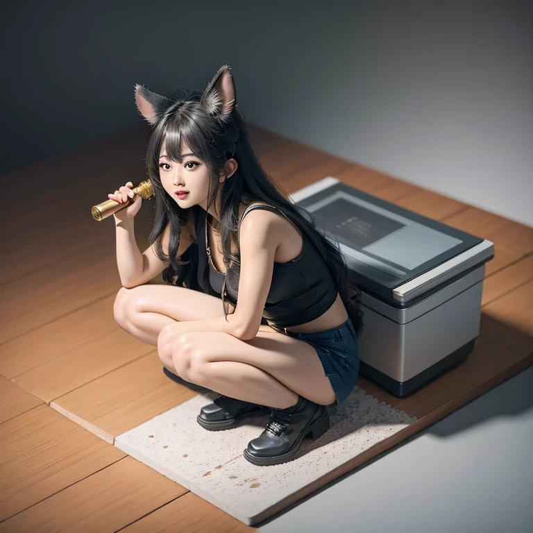 (masterpiece, best quality:1.2), 1girl, ((masterpiece, highest quality, Highest image quality, High resolution, photorealistic, Raw photo, 8K)), Retro Game, Nintendo, SEGA, Namco, Cyberpunk 1:25 miniatures，illustration，Side viewing angle，（（Side viewing angle）），Wear gold wire-rimmed reflective sunglasses，Carry future weapons，very happy，Side viewing angle，whole body，three-dimensional，octane rendering，Perfect face，Collagen texture((flowing hair))