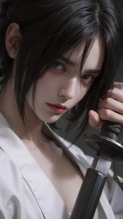 young man, pale skin, spiky black hair, black eyes, big lips, white clothes, Sasuke Uchiha, realistic, 3d, forest, sword
