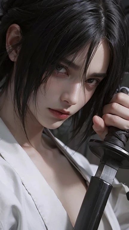 young man, pale skin, spiky black hair, black eyes, big lips, white clothes, Sasuke Uchiha, realistic, 3d, forest, sword