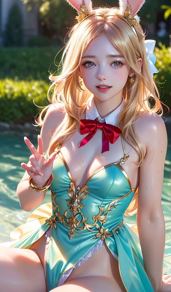 masterpiece, best quality, extremely detailed CG unity 8k wallpaper, (Upper Body head close-up shot of a beautiful ***********), , Elegant Long straight blonde hair, (Mckenna Grace), (flat chest,thighs), (red-Cyan) golden (Glittering tutu,long Bunny Ear Headgear, , Bow-tie, No panties, genitals visible), (spread legs), (Blush), oil skin, (seductive smile), (Wonderland), pretty face, key art, award winning, intricate detail realism hdr, by (ruan jia and artgerm and range murata), Photorealism, Hyperrealism, ultra realistic, dramatic light, intense shadows, gorgeous view, depth of field
 
