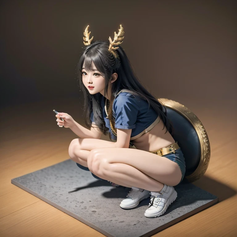 (masterpiece, best quality:1.2), 1girl, ((masterpiece, highest quality, Highest image quality, High resolution, photorealistic, Raw photo, 8K)), Retro Game, Nintendo, SEGA, Namco, Cyberpunk 1:25 miniatures,illustration,Side viewing angle,((Side viewing angle)),Wear gold wire-rimmed reflective sunglasses,Carry future weapons,very happy,Side viewing angle,whole body,three-dimensional,octane rendering,Perfect face,Collagen texture((flowing hair))