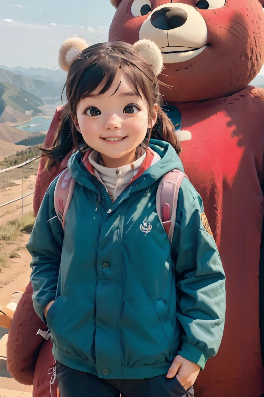 A girl goes hiking with a big bear mascot、smile