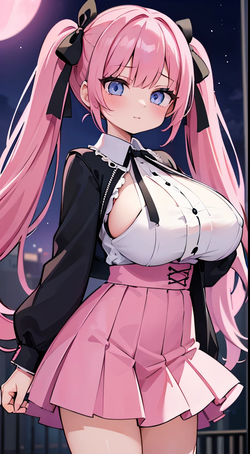 (masterpiece、top-quality、ultra-detailliert)、((1 girl))、((Pink hair twin tails))、light blue eyes、evilsmile、piercings、((very Bigger breasts))、jirai fashion、pink clothing、frilld、a black ribbon、Black miniskirt、cowboy shot、Downtown background at night