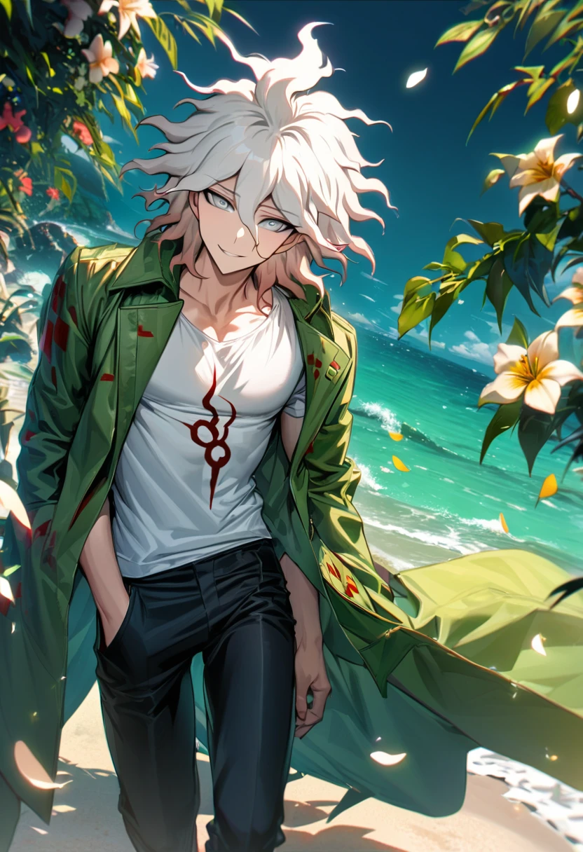 Ultra detailed, Highres, absurdres, HDR, Komaeda Nagito, white hair, silver eyes, Danganronpa, green long coat, white tight t-shirt, black pants, smirking, green leaves, summer, flowers and petals, handsome, 1 man only, 