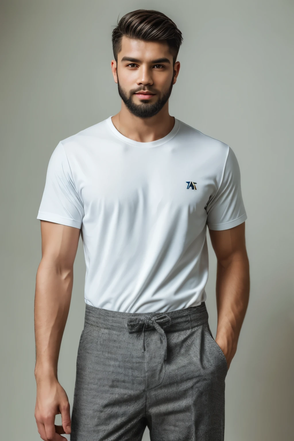 1boy, handsome male, face, beard, white background, amm mc outfit, acmm tp outfit, acmm cp outfit, wearing acmm top, very attractive, blurry_background, (high detailed skin:0.8), 8k uhd, dslr, soft lighting, HDR, warm light, high quality, film grain, Fujifilm XT3,