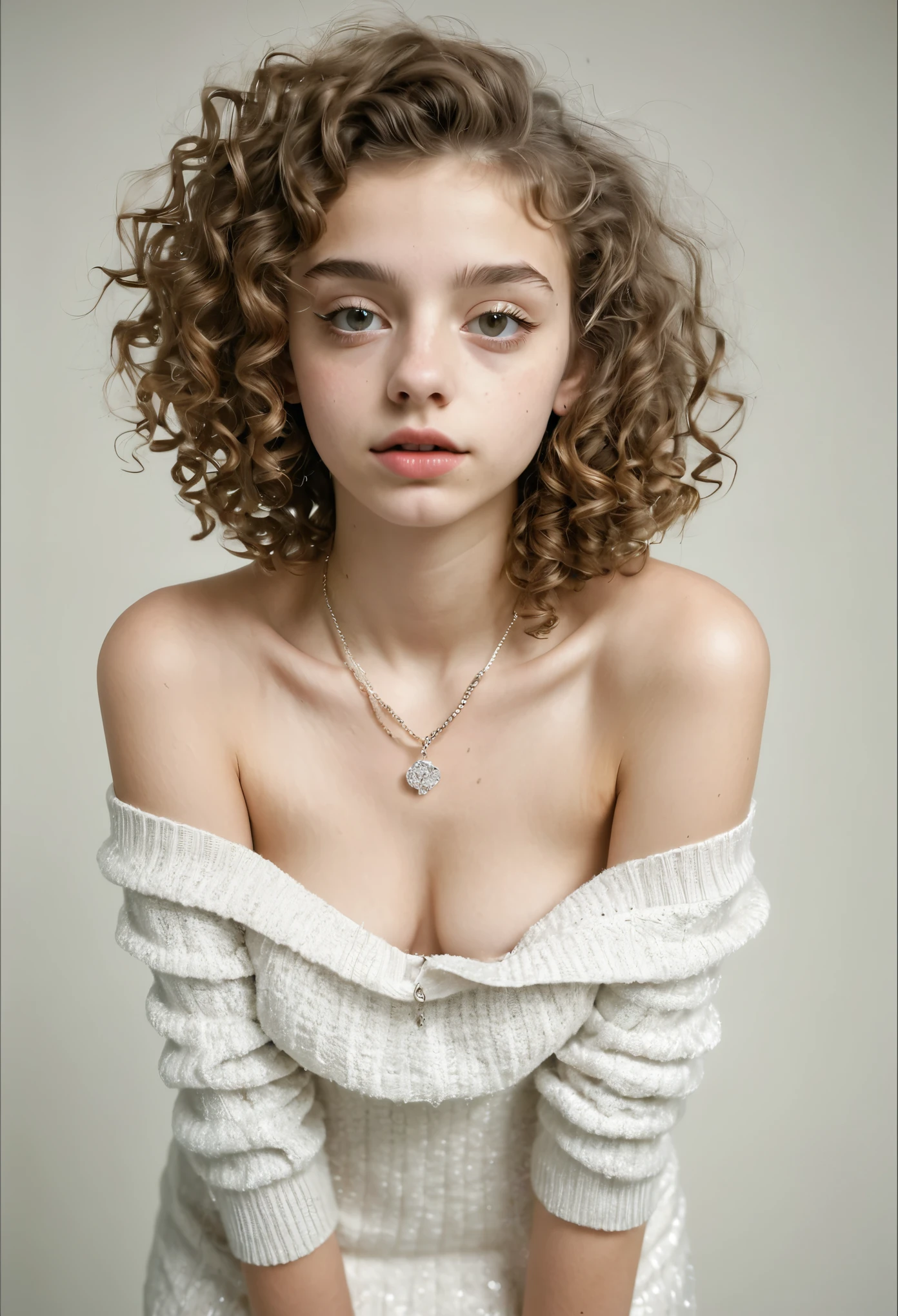 (((anorexic girl))), woman. ((full body)), curly hair,(emwats0n:0.99), a beautiful woman, (modern photo), ( off-sweater shoulder),((plain background transparent white)), 85mm, (analog, cinematic, film grain:1.3), detailed eyes, painted lips, necklace, (epicPhoto), (looking at viewer), (((transparent short dress )))