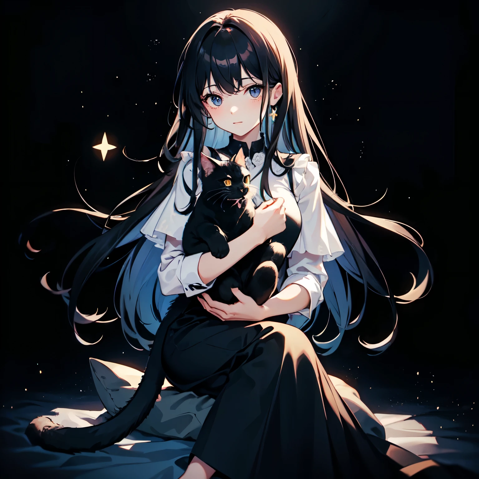 Fantastic, top quality, cute cat, woman facing forward with full body holding cat, cat is black, black starry night, no moon, young face, wearing long black skirt, long black hair, beautiful black eyes,