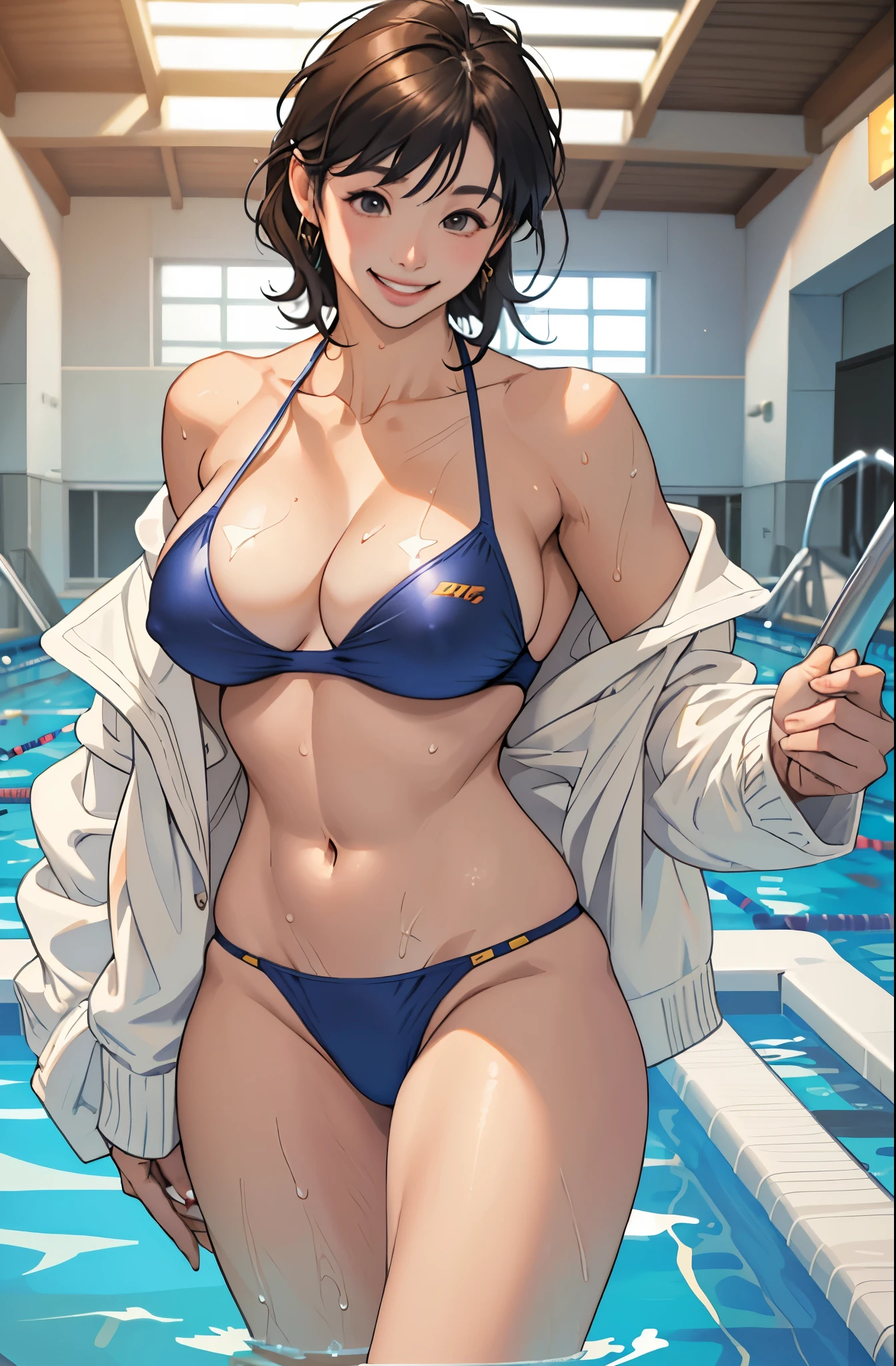Realistic、face reality、with a girl、Swimsuit、sexy smile、My chest got a little bigger、sexy pose、indoor pool
