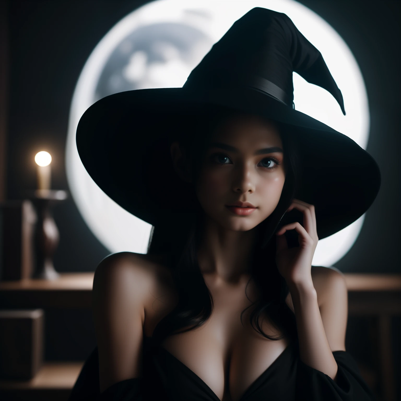witch, black hat, black nylons, naked tits, moon shining in the background,cinematography, volumetric lights, DOF, 16k, dark makeup,