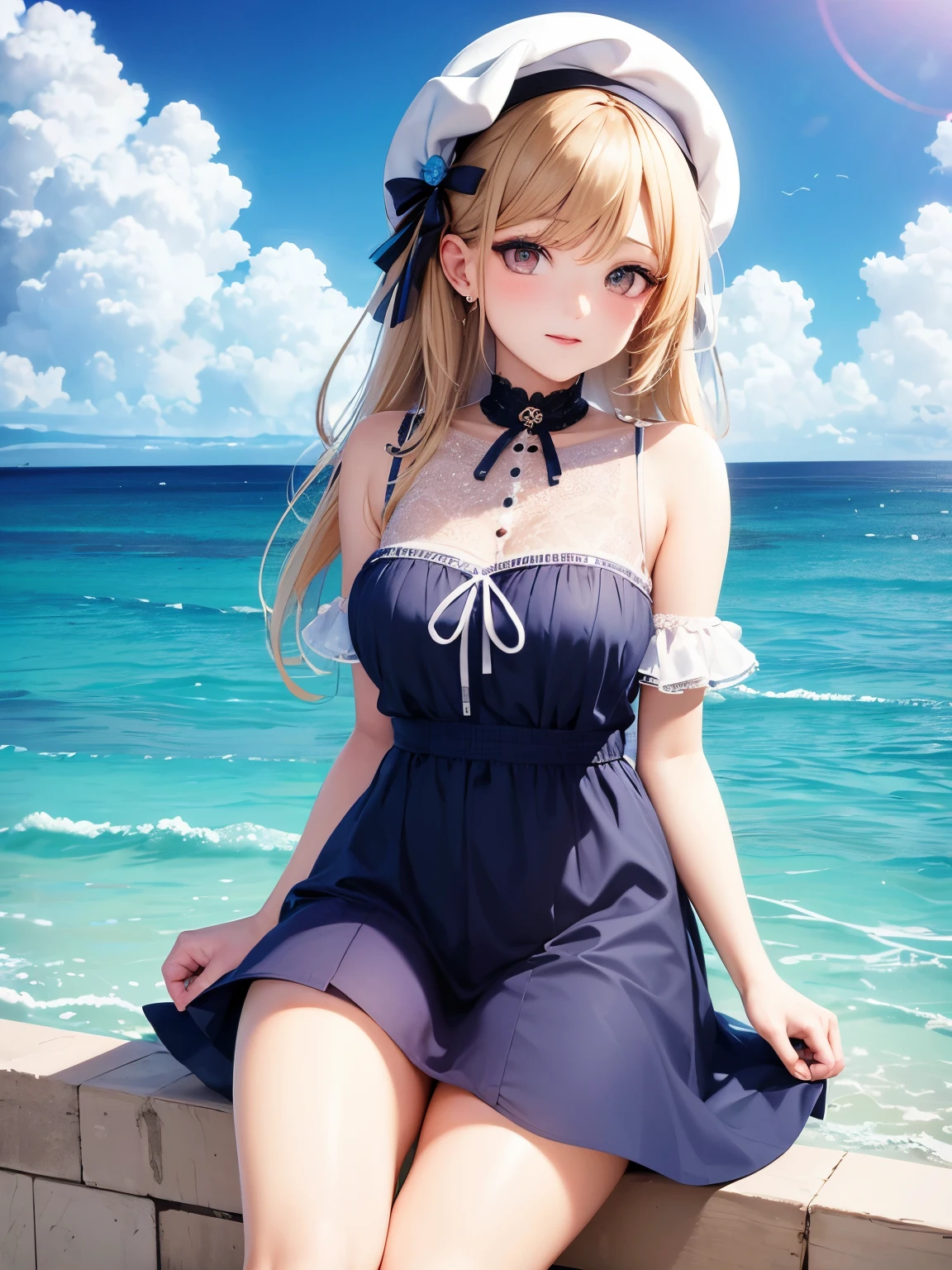 "A serene nighttime beach scene. A girl sits on the sandy shore, her headphones on, lost in the rhythm of the music. She wears a beautiful frock, the gentle waves almost touching her toes. Above her, the night sky is adorned with twinkling stars and a luminous moon, casting a soft glow over the tranquil scene. She looks completely relaxed, absorbed in her own world of melodies."