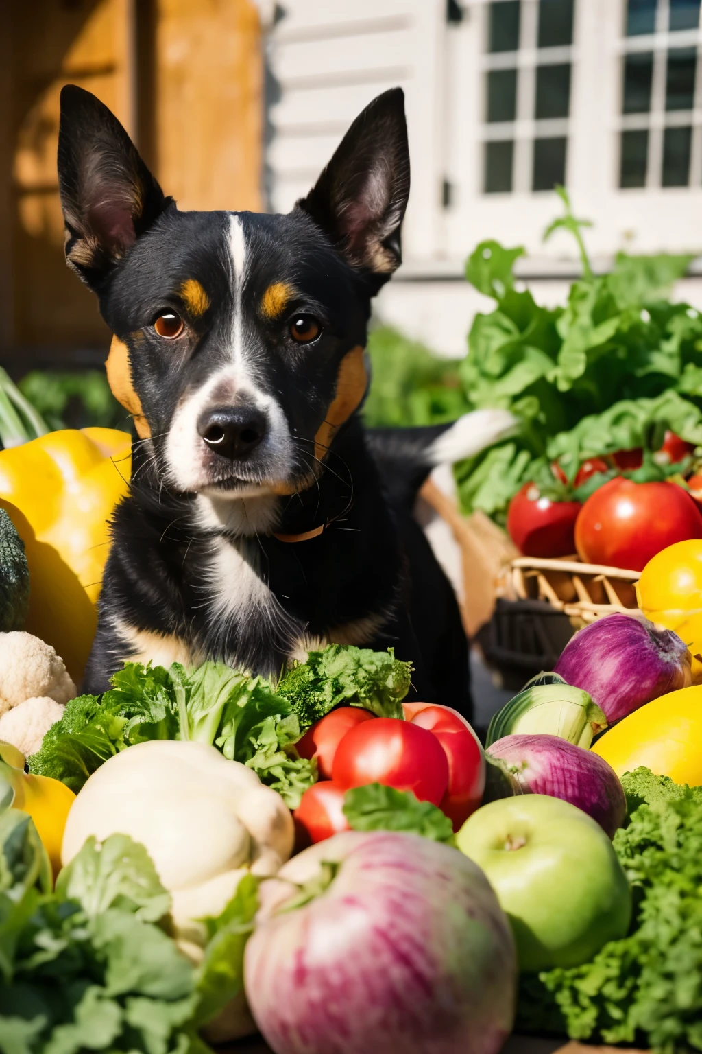 Dog surrounded by vegetables