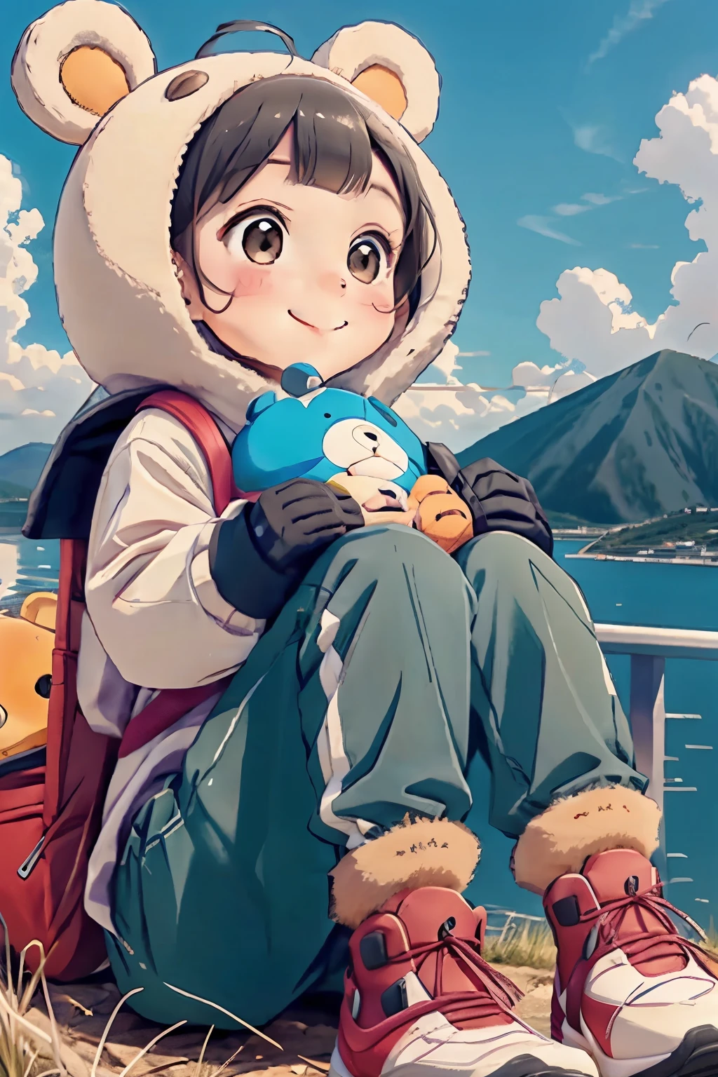 A girl goes hiking with a big bear mascot、smile